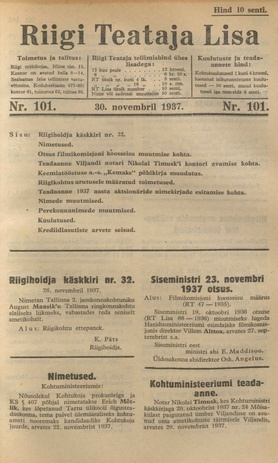 Riigi Teataja Lisa : seaduste alustel avaldatud teadaanded ; 101 1937-11-30