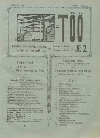 Töö : politikaline, majandusline, teadusline ja ilukirjandusline nädalaleht ; 2 1909-01-01