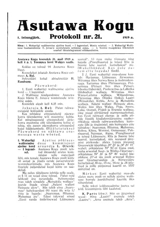 Asutawa Kogu protokoll nr.21 (31. mai 1919)