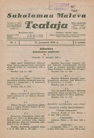 Sakalamaa Maleva Teataja ; 1 1930-01-15