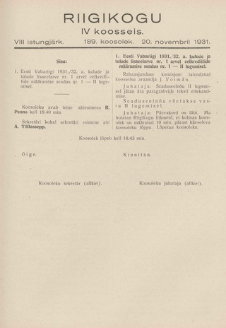 Riigikogu IV koosseis : täielikud protokollid : VIII istungjärk : protokoll nr. 189