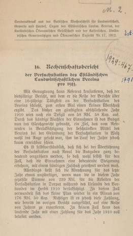 16. Rechenschaftsbericht der Versuchsstation des Estländischen Landwirtschaftlichen Vereins pro 1911