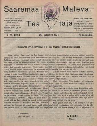Saaremaa Maleva Teataja ; 22 (135) 1934-10-26