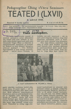 Pedagoogiline Ühing "Võru Seminar" : teated ; I (LXVII) 1940-03-09