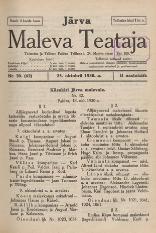 Järva Maleva Teataja ; 20 (42) 1930-10-25