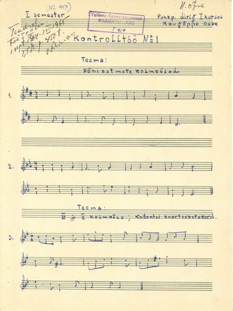 [Harmoonia kontrolltööd nr. 1-8] puhkp. dirig. I kursus, kaugõppe osakond