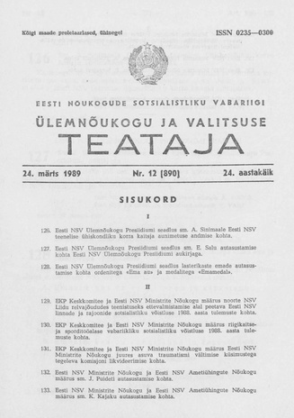 Eesti Nõukogude Sotsialistliku Vabariigi Ülemnõukogu ja Valitsuse Teataja ; 12 (890) 1989-03-24
