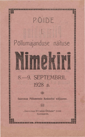 Pöide I põllumajanduse näituse nimekiri 8. - 9. septembril 1928. a.