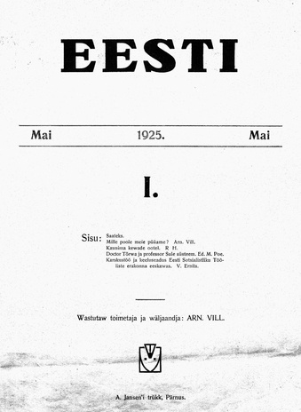 Eesti : kultuurrahvusline ja reaalpoliitiline aegkiri ; 1 1925-05
