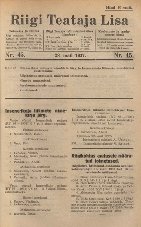 Riigi Teataja Lisa : seaduste alustel avaldatud teadaanded ; 45 1937-05-28