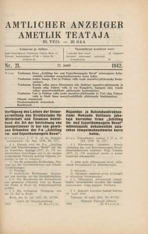 Ametlik Teataja. III osa = Amtlicher Anzeiger. III Teil ; 21 1942-07-22