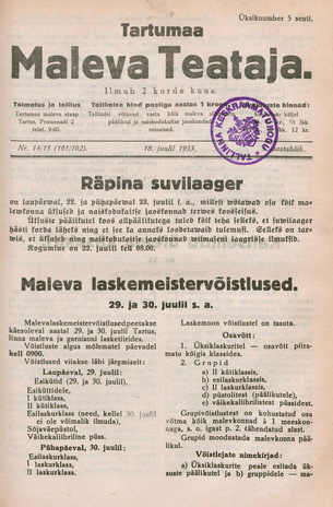Tartumaa Maleva Teataja ; 14/15 (101/102) 1933-07-18
