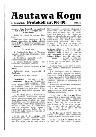 Asutawa Kogu protokoll nr.106 (9) (13. veebruar 1920)