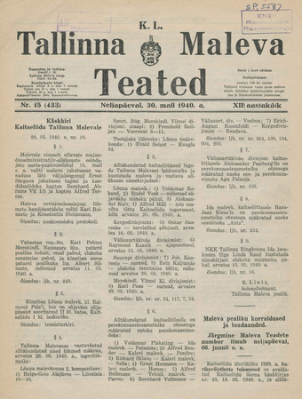 K. L. Tallinna Maleva Teated ; 15 (433) 1940-05-30