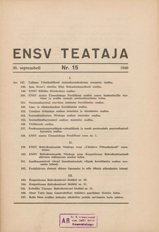 Eesti NSV Teataja ; 15 1940-09-30