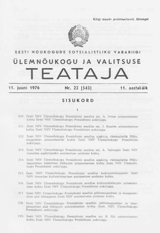 Eesti Nõukogude Sotsialistliku Vabariigi Ülemnõukogu ja Valitsuse Teataja ; 23 (543) 1976-06-11