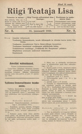 Riigi Teataja Lisa : seaduste alustel avaldatud teadaanded ; 8 1933-01-31