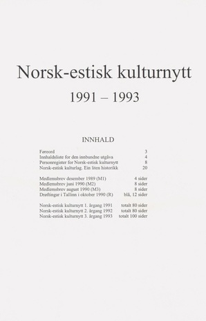 Norsk-Estisk kulturnytt ; sisukord 1991