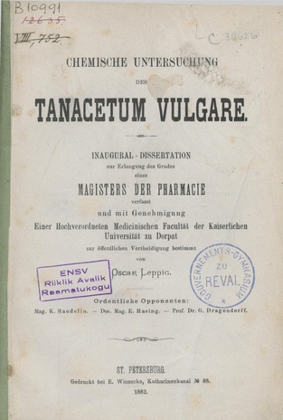 Chemische Untersuchung des Tanacetum vulgare : Inaugural-Dissertation zur Erlangung des Grades eines Magisters der Pharmacie 