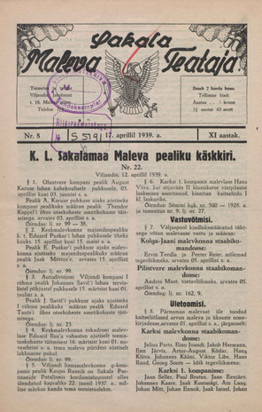 Sakalamaa Maleva Teataja ; 8 1939-04-17