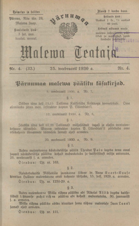 Pärnumaa Maleva Teataja ; 4 (32) 1930-02-25