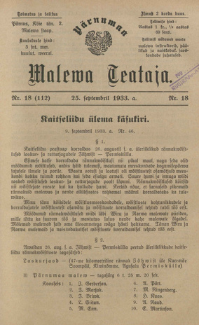 Pärnumaa Maleva Teataja ; 18 (112) 1933-09-25