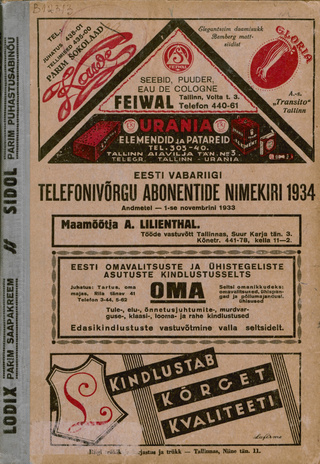 Eesti Vabariigi telefonivõrgu abonentide nimekiri 1934 : andmetel 1-se novembrini 1933