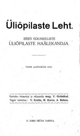 Üliõpilaste Leht ; sisukord 1915
