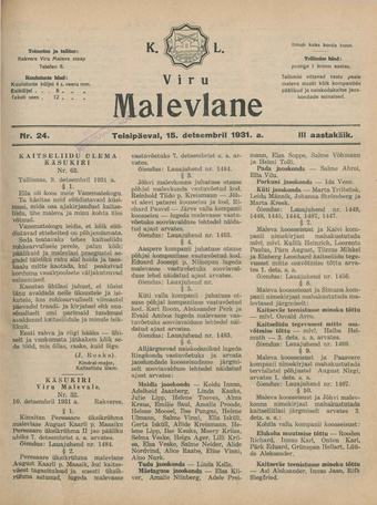 K. L. Viru Malevlane ; 24 1931-12-15