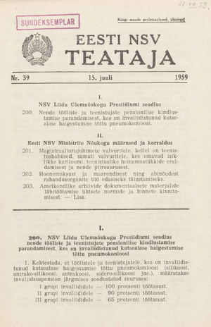Eesti NSV Teataja = Ведомости Эстонской ССР ; 39 1959-07-15