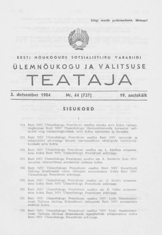 Eesti Nõukogude Sotsialistliku Vabariigi Ülemnõukogu ja Valitsuse Teataja ; 44 (737) 1984-12-03