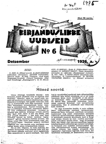 Kirjanduslikke uudiseid ; 6 1926