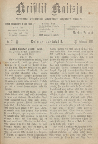 Kristlik Kaitsja : Eesti metodistide häälekandja ; 7 1922-07