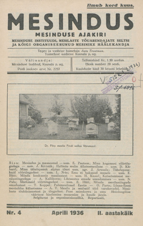 Mesindus : mesinduse ajakiri : Mesinduse Instituudi, Mesilaste Tõuarendajate Seltsi ja kõigi organiseerunud mesinike häälekandja ; 4 1936-04