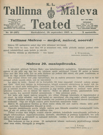 K. L. Tallinna Maleva Teated ; 28 (337) 1937-09-29