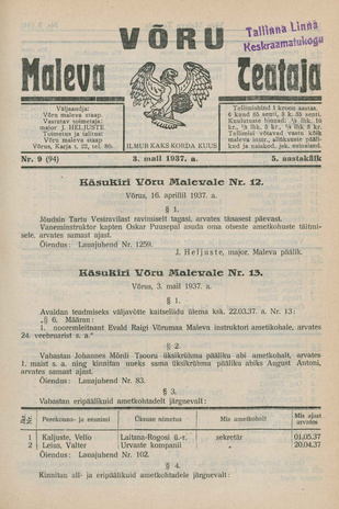 Võru Maleva Teataja ; 9 (94) 1937-05-03