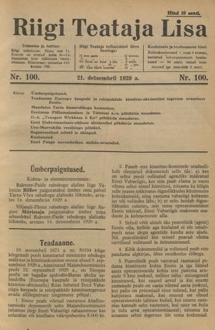 Riigi Teataja Lisa : seaduste alustel avaldatud teadaanded ; 100 1929-12-21