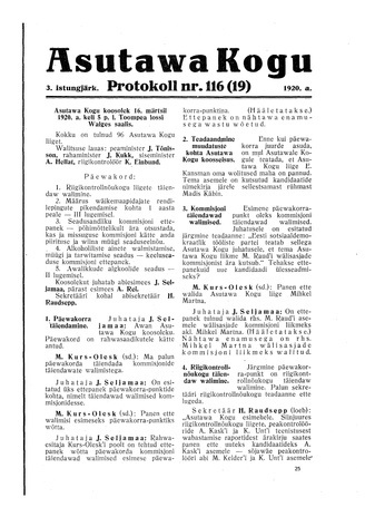 Asutawa Kogu protokoll nr.116 (19) (16. märts 1920)