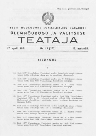 Eesti Nõukogude Sotsialistliku Vabariigi Ülemnõukogu ja Valitsuse Teataja ; 13 (575) 1981-04-17