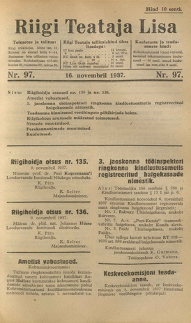 Riigi Teataja Lisa : seaduste alustel avaldatud teadaanded ; 97 1937-11-16