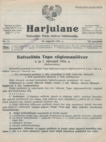 Harjulane : Kaitseliidu Harju Maleva häälekandja ; 11 1934-08-28