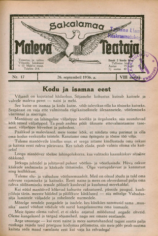 Sakalamaa Maleva Teataja ; 17 1936-09-26