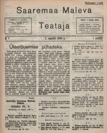 Saaremaa Maleva Teataja ; 7 1929-04-01
