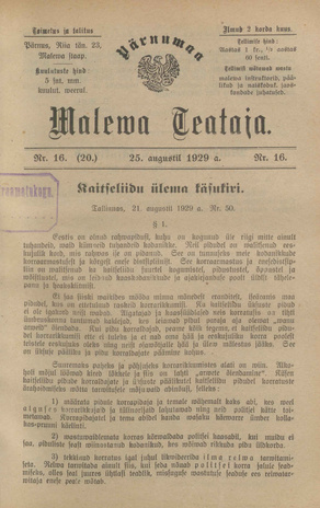Pärnumaa Maleva Teataja ; 16 (20) 1929-08-25