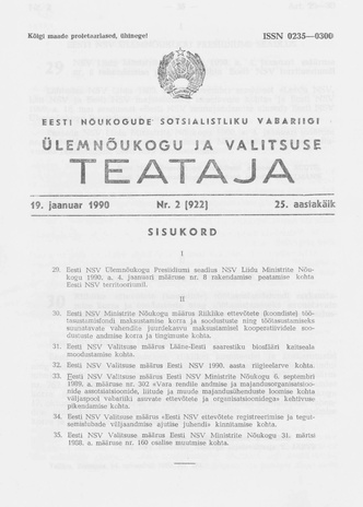 Eesti Nõukogude Sotsialistliku Vabariigi Ülemnõukogu ja Valitsuse Teataja ; 2 (922) 1990-01-19