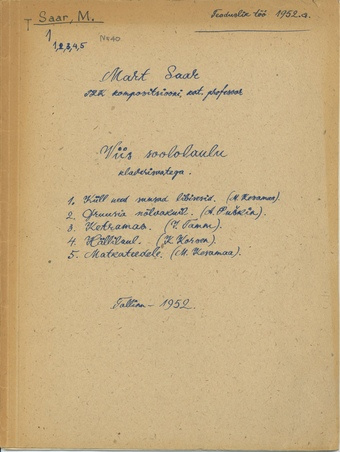 Viis soololaulu klaverisaatega teaduslik töö 1952. a.