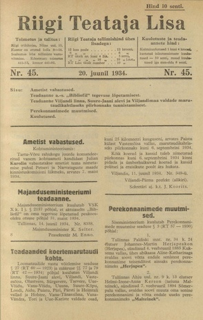 Riigi Teataja Lisa : seaduste alustel avaldatud teadaanded ; 45 1934-06-20