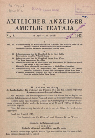 Ametlik Teataja. I/II osa = Amtlicher Anzeiger. I/II Teil ; 8 1943-04-22
