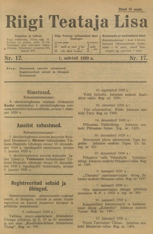 Riigi Teataja Lisa : seaduste alustel avaldatud teadaanded ; 17 1929-03-01
