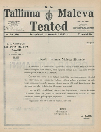 K. L. Tallinna Maleva Teated ; 29 (376) 1938-10-11